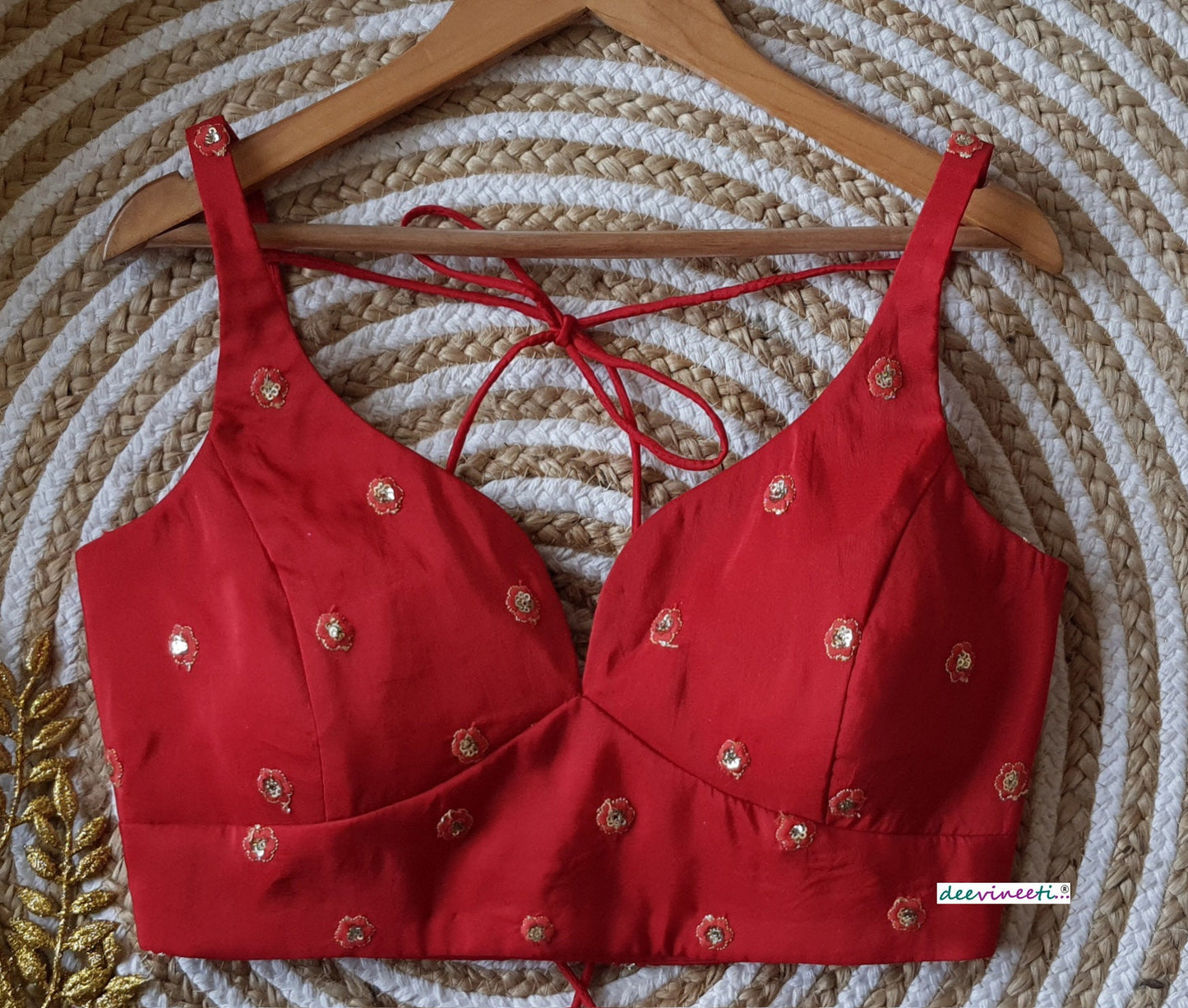 Embroidered Red Silk Deep Sweetheart Neck Blouse DVBL_160
