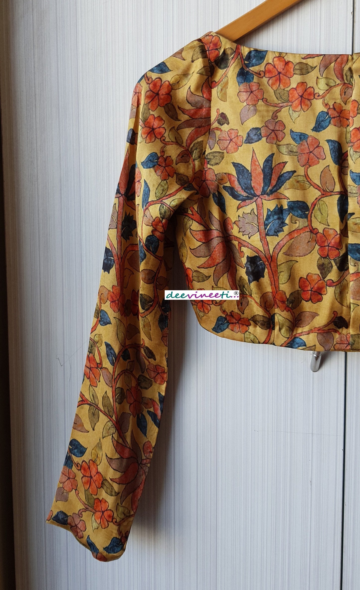 Medallion Yellow Printed Satin Silk Long Sleeves Blouse DVBL_226