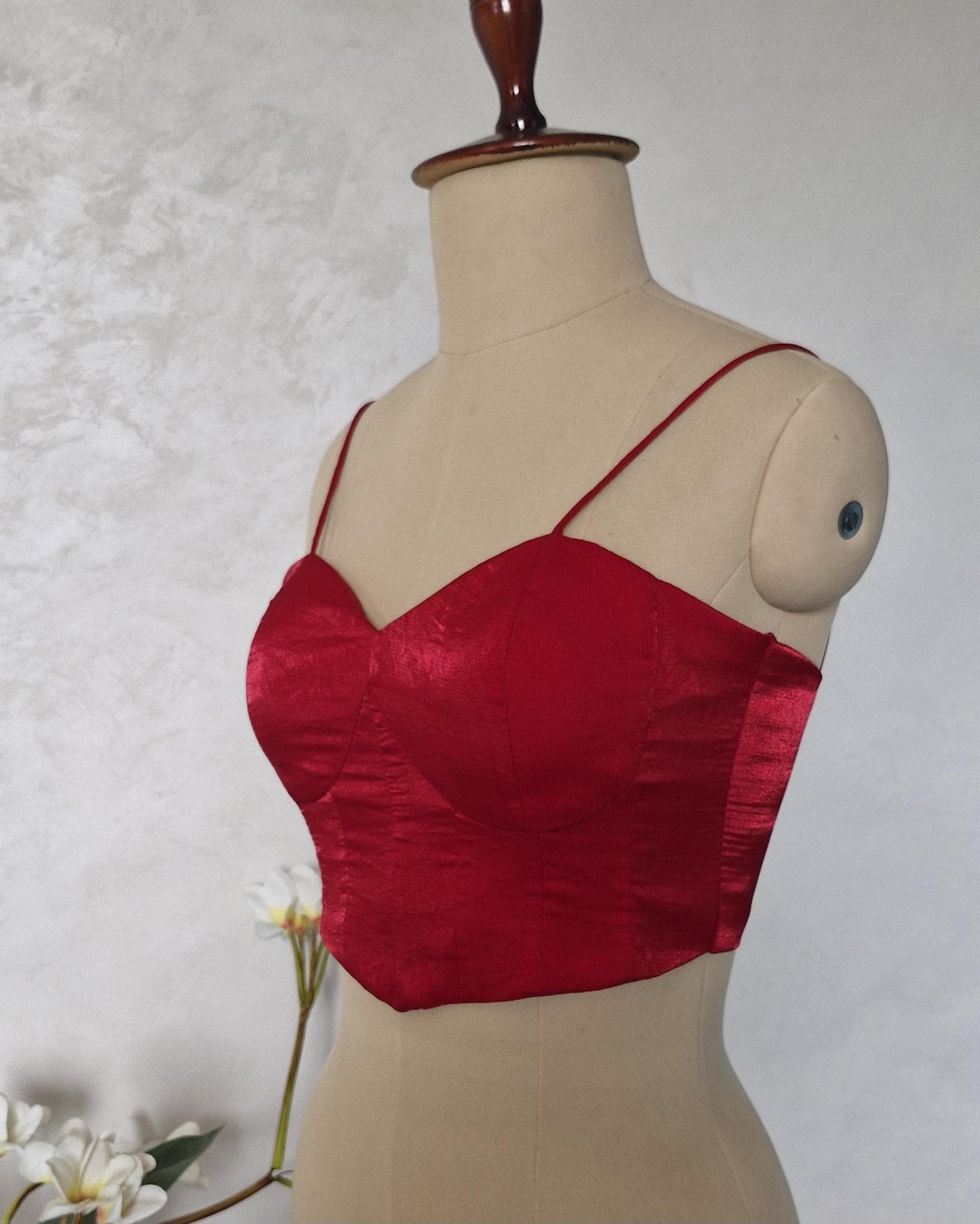 Cherry Red Organza Spaghetti Corset Blouse DVCB_005