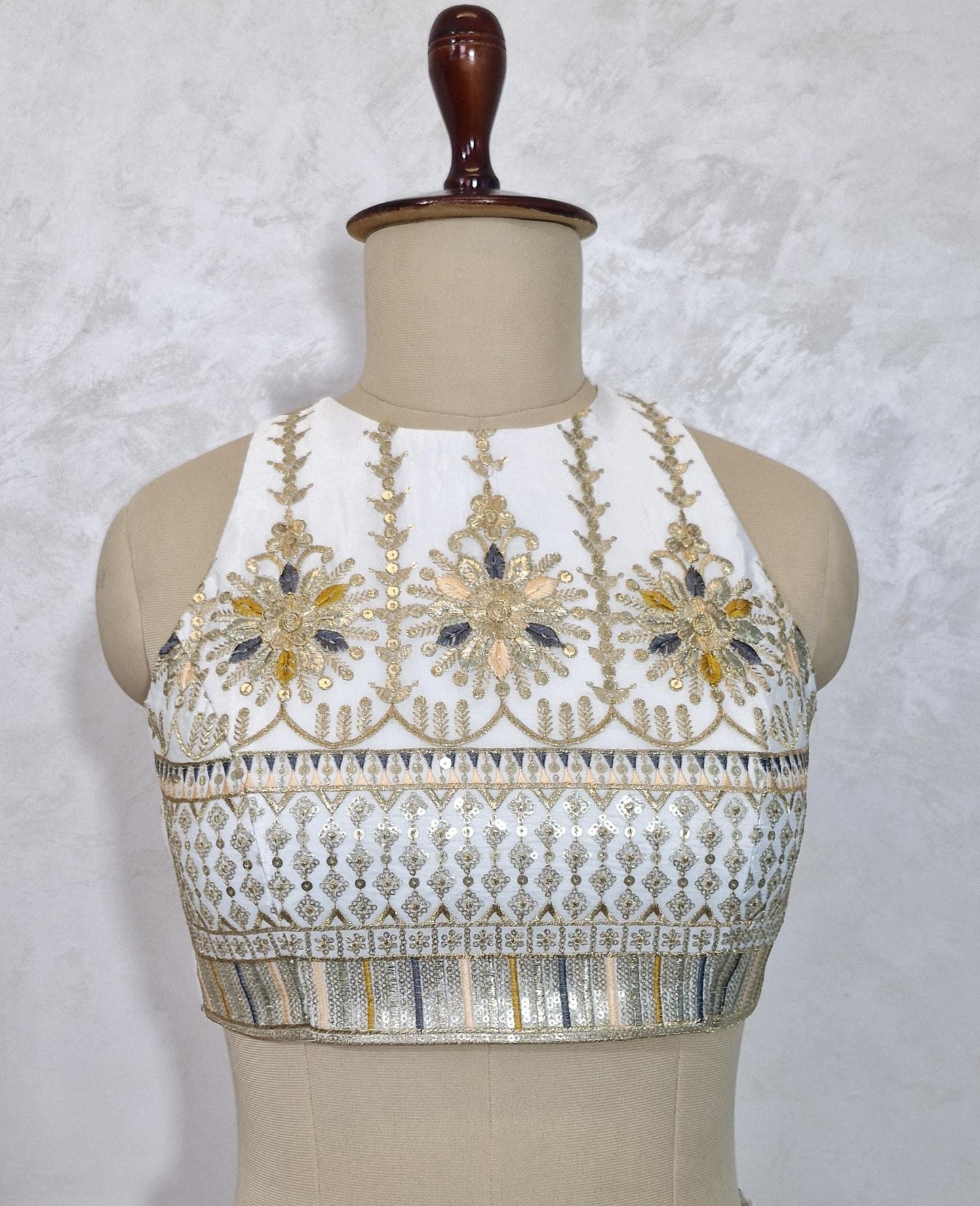 Ivory Embroidered Crepe Silk Halter Neck Blouse DVBL_445