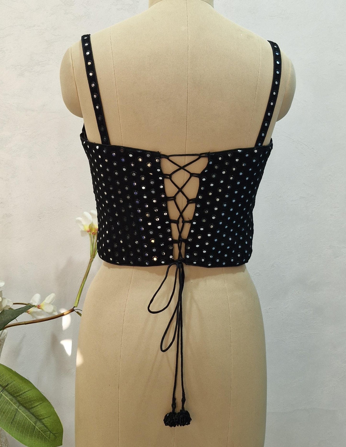 Black Faux Mirror Embroidered Spaghetti Corset Blouse DVCB_007