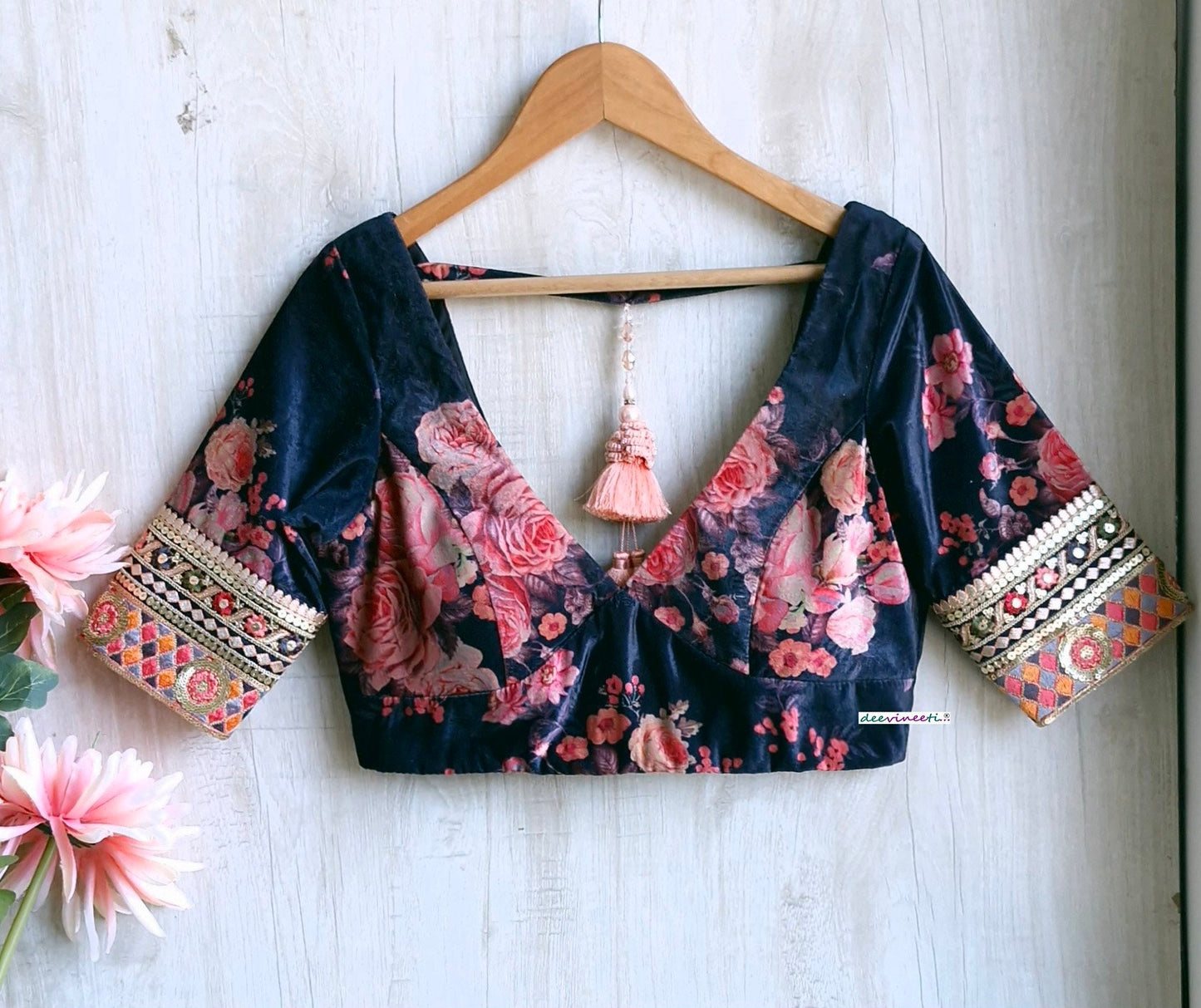 Deep Blue Floral Print Velvet V Neck Blouse DVBL_348.