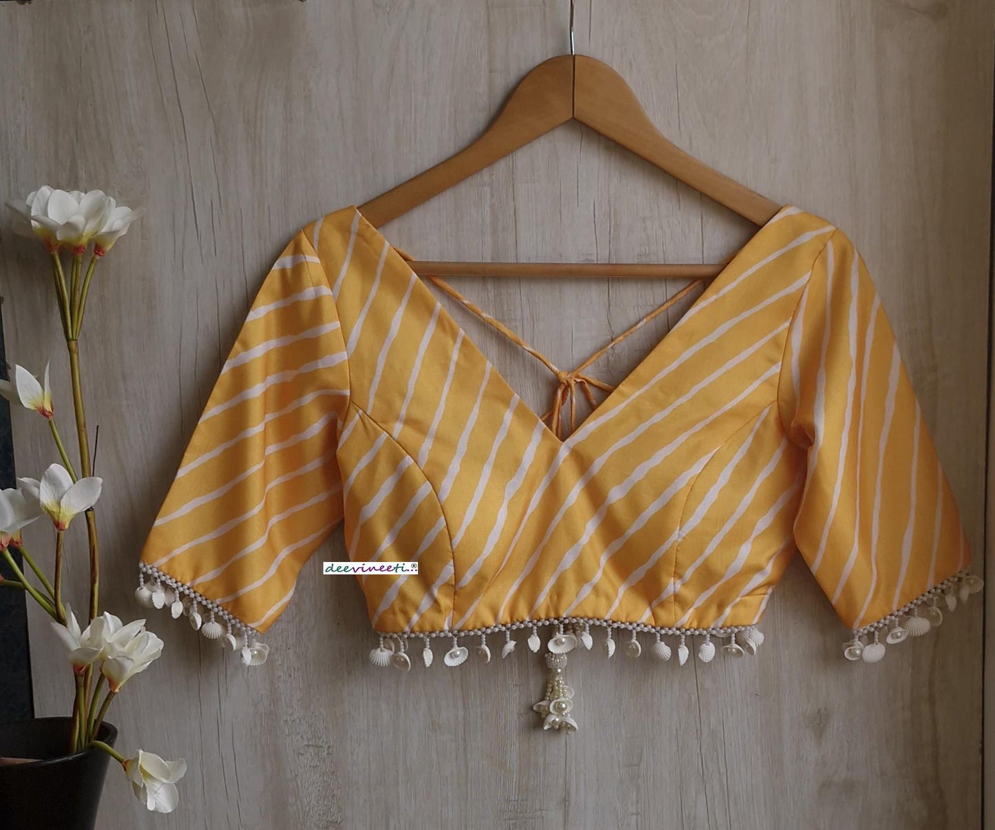 Yellow Leheriya Print Silk V Neck Blouse DVBL_392