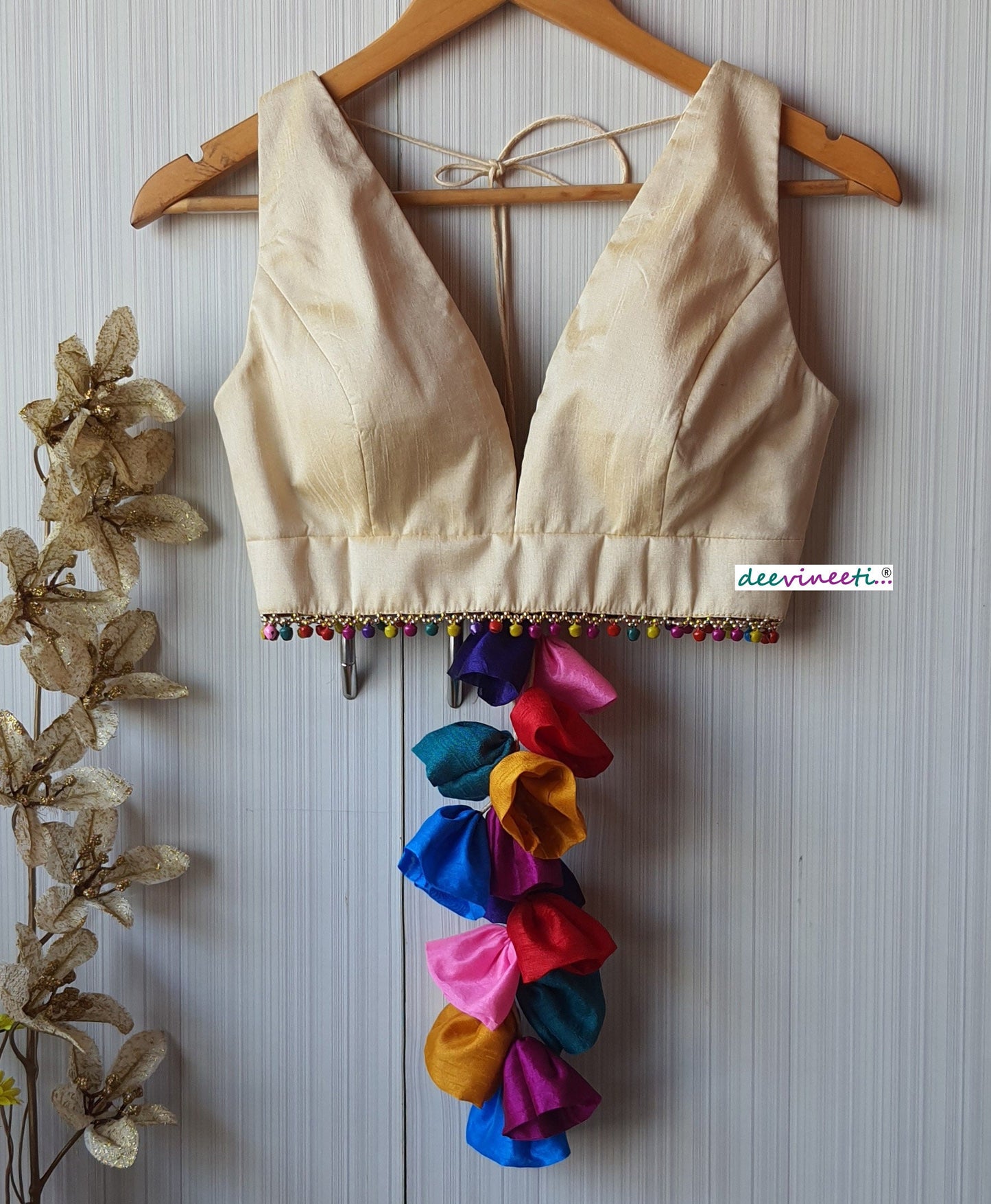 Raw Silk Plunge Neckline Blouse with Multicolor Fringes DVBL_116