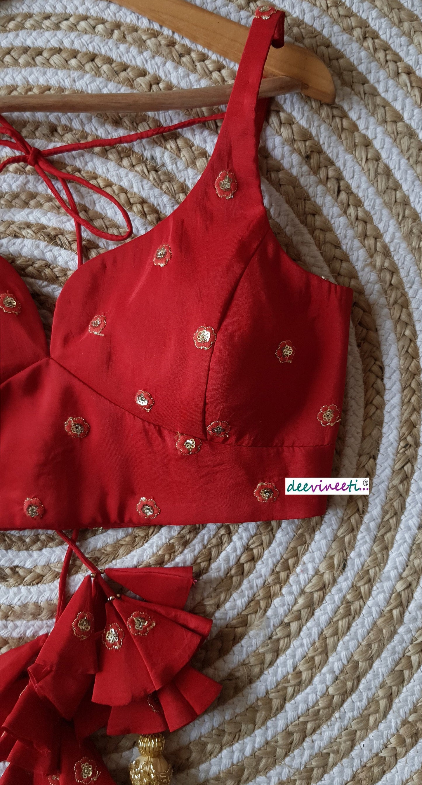 Embroidered Red Silk Deep Sweetheart Neck Blouse DVBL_160
