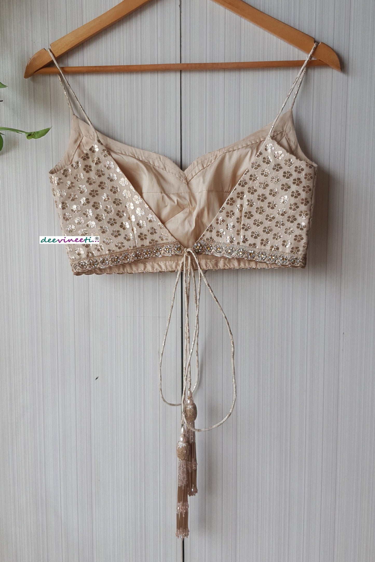 Beige Chanderi Brocade Spaghetti Blouse DVBL_252