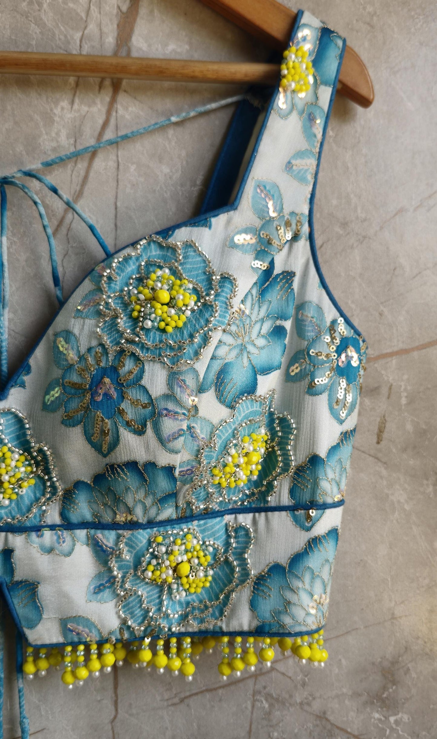 Beads Embroidered Blue Deep Sweetheart Neck Blouse DVBL_415
