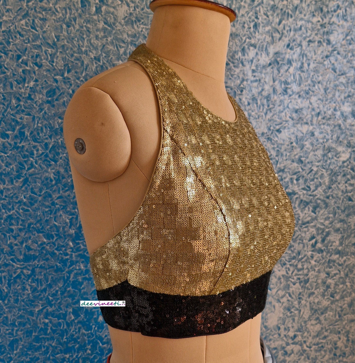 Gold and Black Sequins Halter Neck Backless Blouse DVBL_337