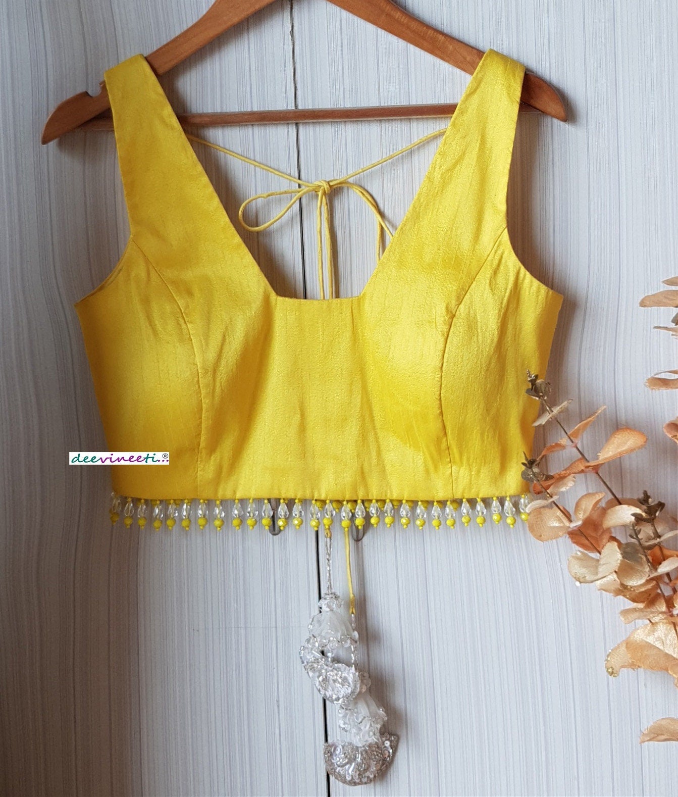 Designer Yellow Raw Silk Trapeze Neck Blouse with Beads Fringes DVBL_207