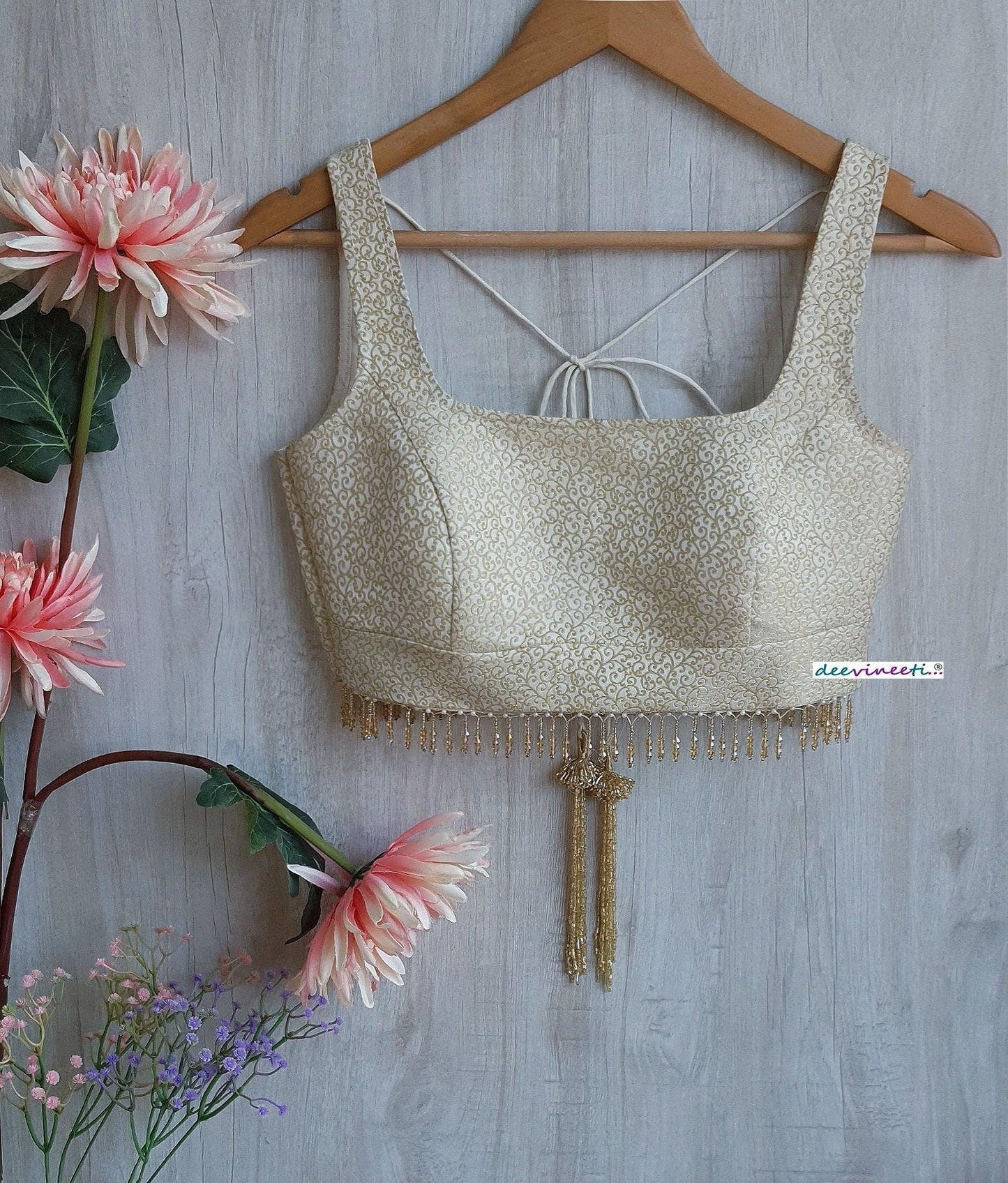Cream and Gold Brocade Silk Square Neck Blouse DVBL_304