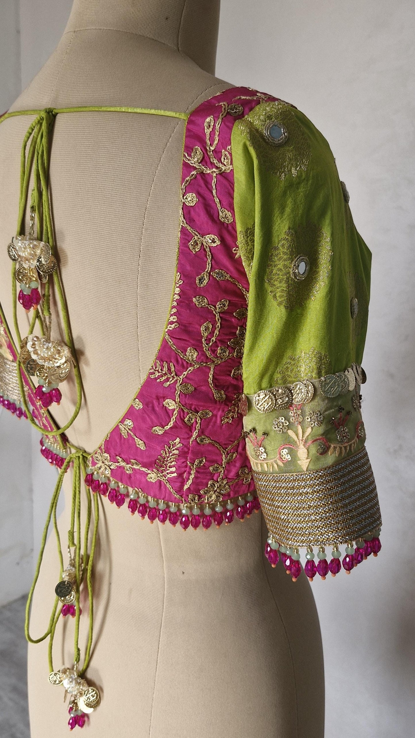 Embroidered Silk Pink and Lime Green Blouse DVBL_455