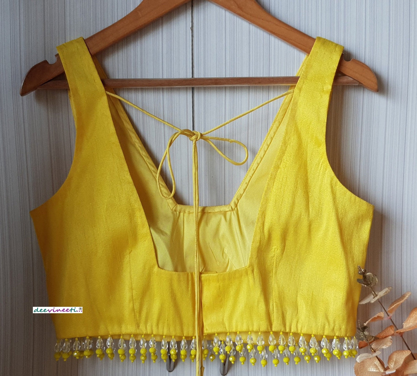 Designer Yellow Raw Silk Trapeze Neck Blouse with Beads Fringes DVBL_207