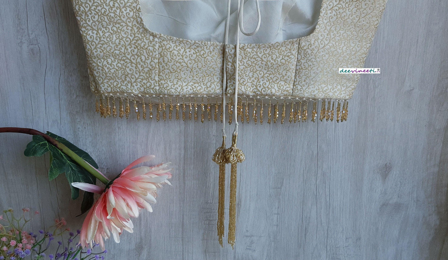 Cream and Gold Brocade Silk Square Neck Blouse DVBL_304