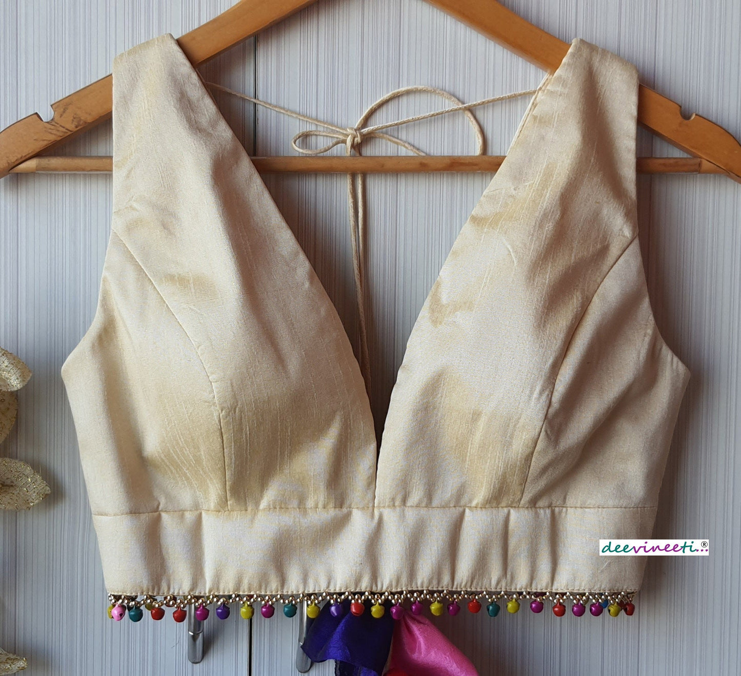 Raw Silk Plunge Neckline Blouse with Multicolor Fringes DVBL_116