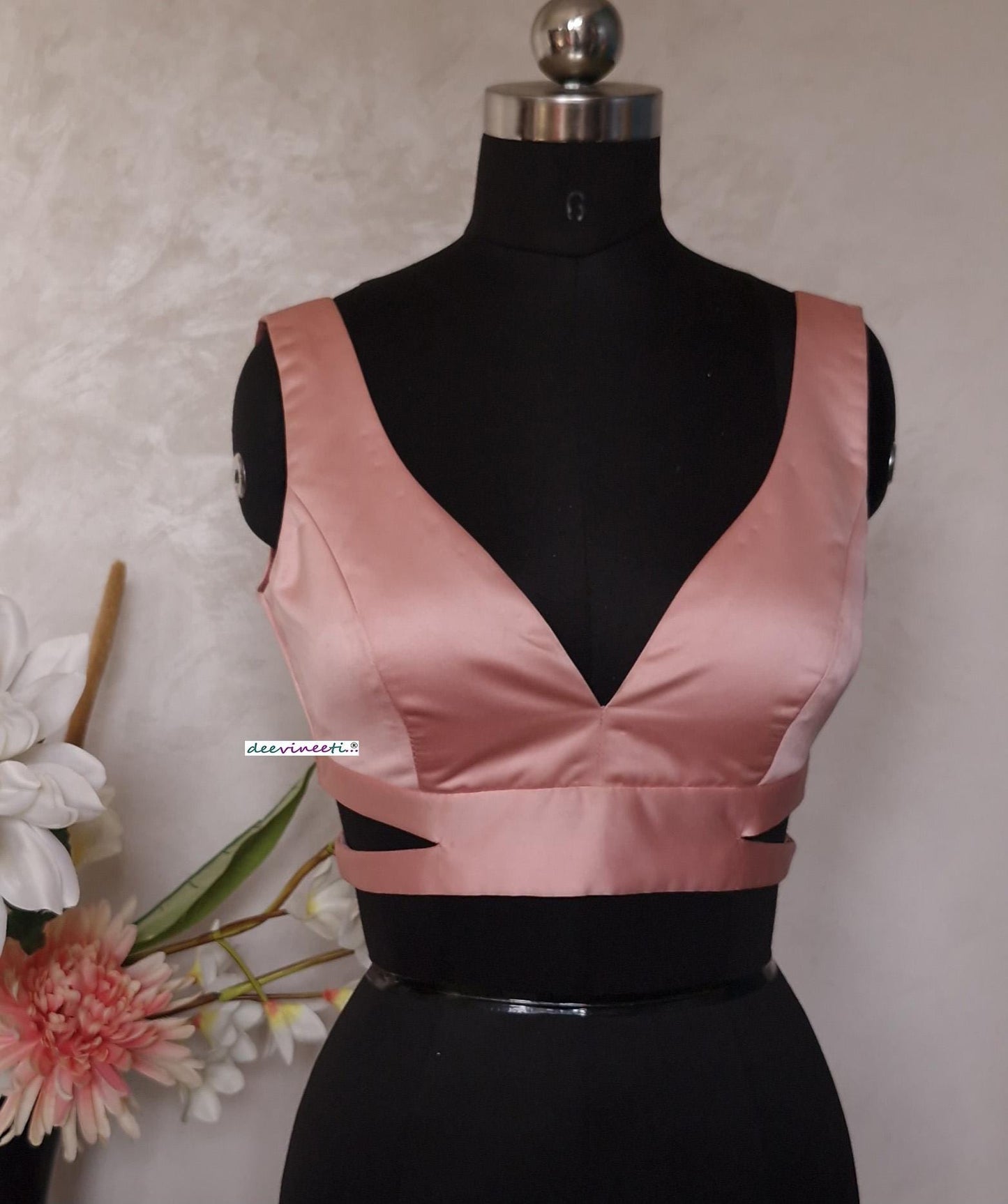 Blush Pink Satin Blouse V Neck Sleeveless DVBL_395
