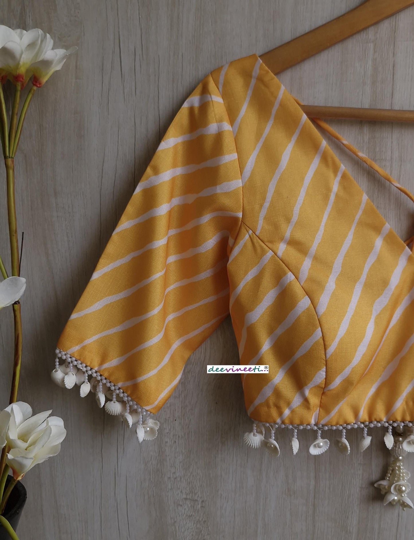 Yellow Leheriya Print Silk V Neck Blouse DVBL_392