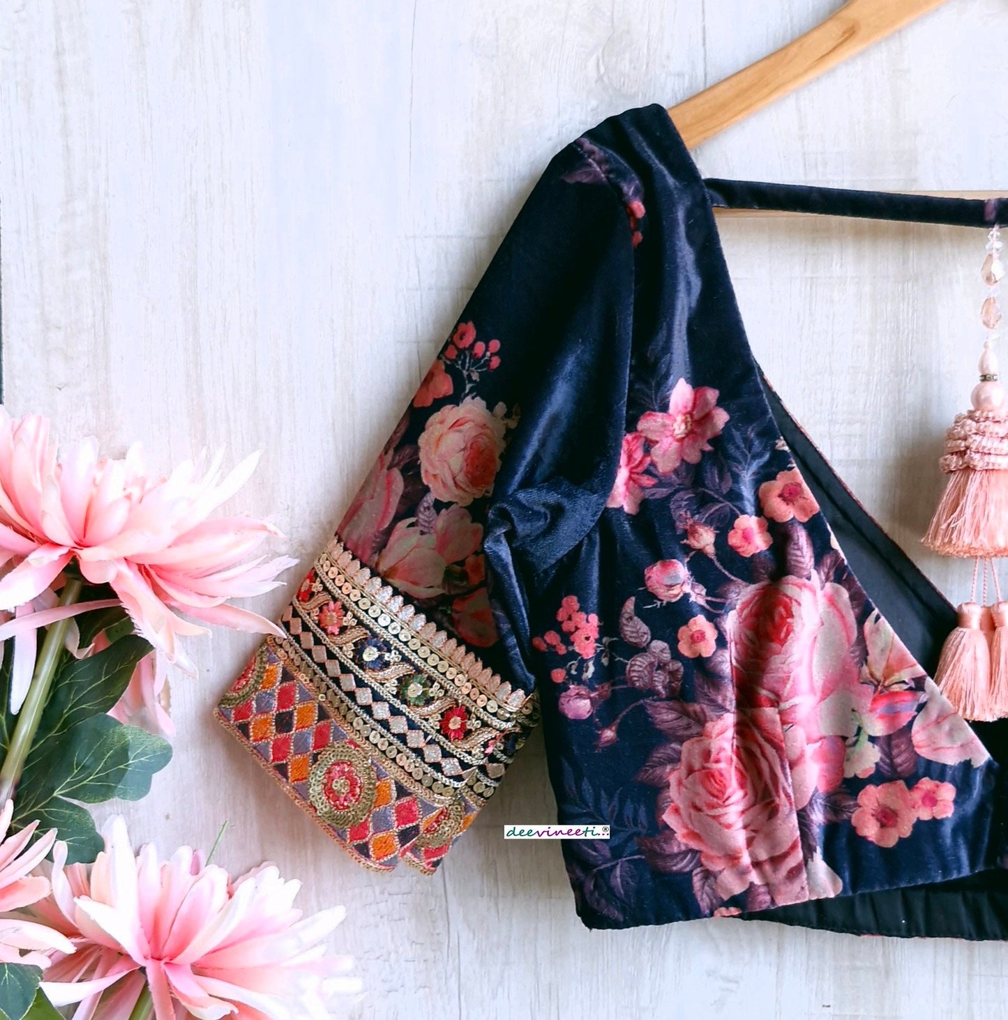 Deep Blue Floral Print Velvet V Neck Blouse DVBL_348.