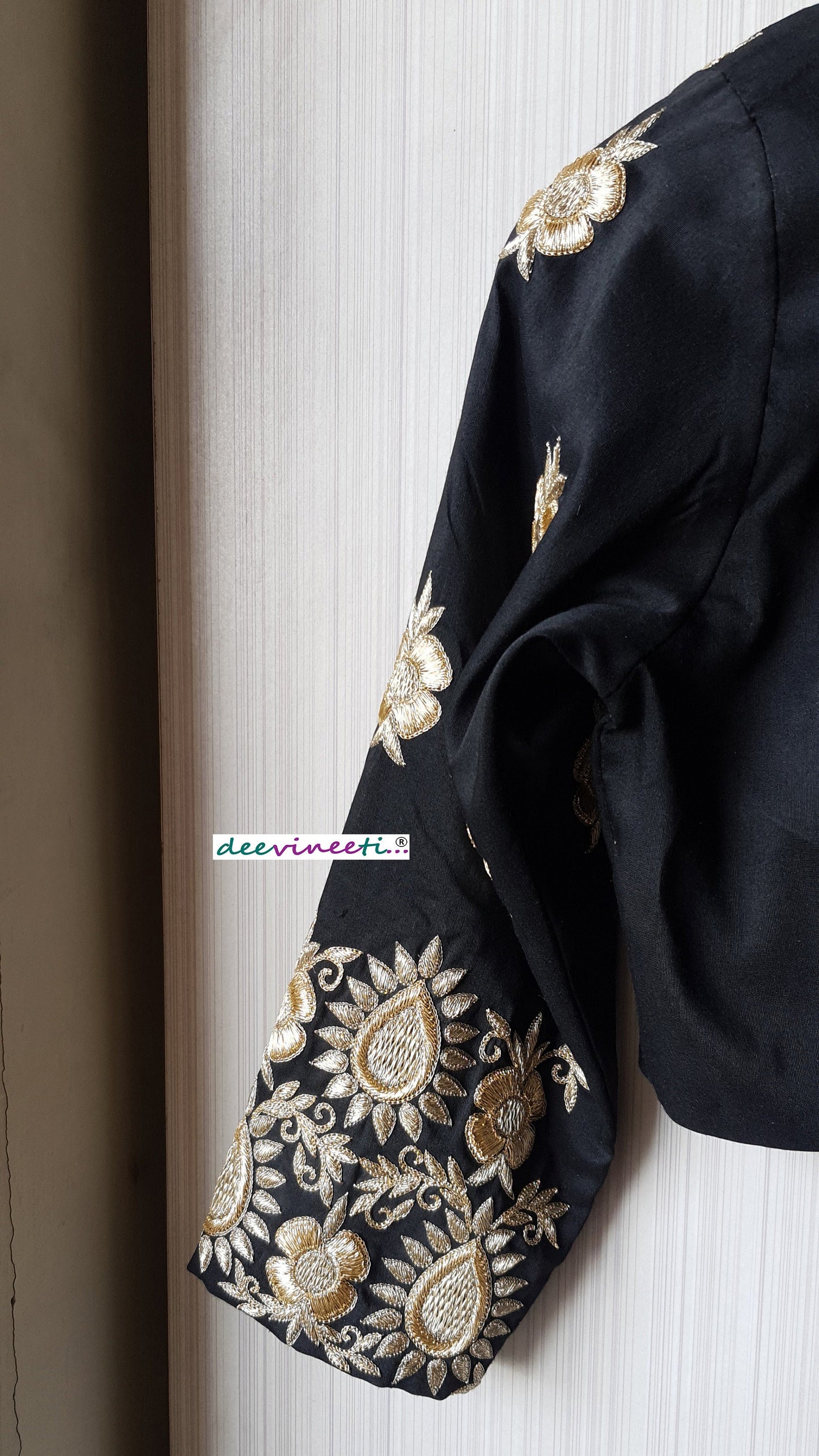 Black Silk Hand Embroidered 3/4th Sleeves Blouse DVBL_236