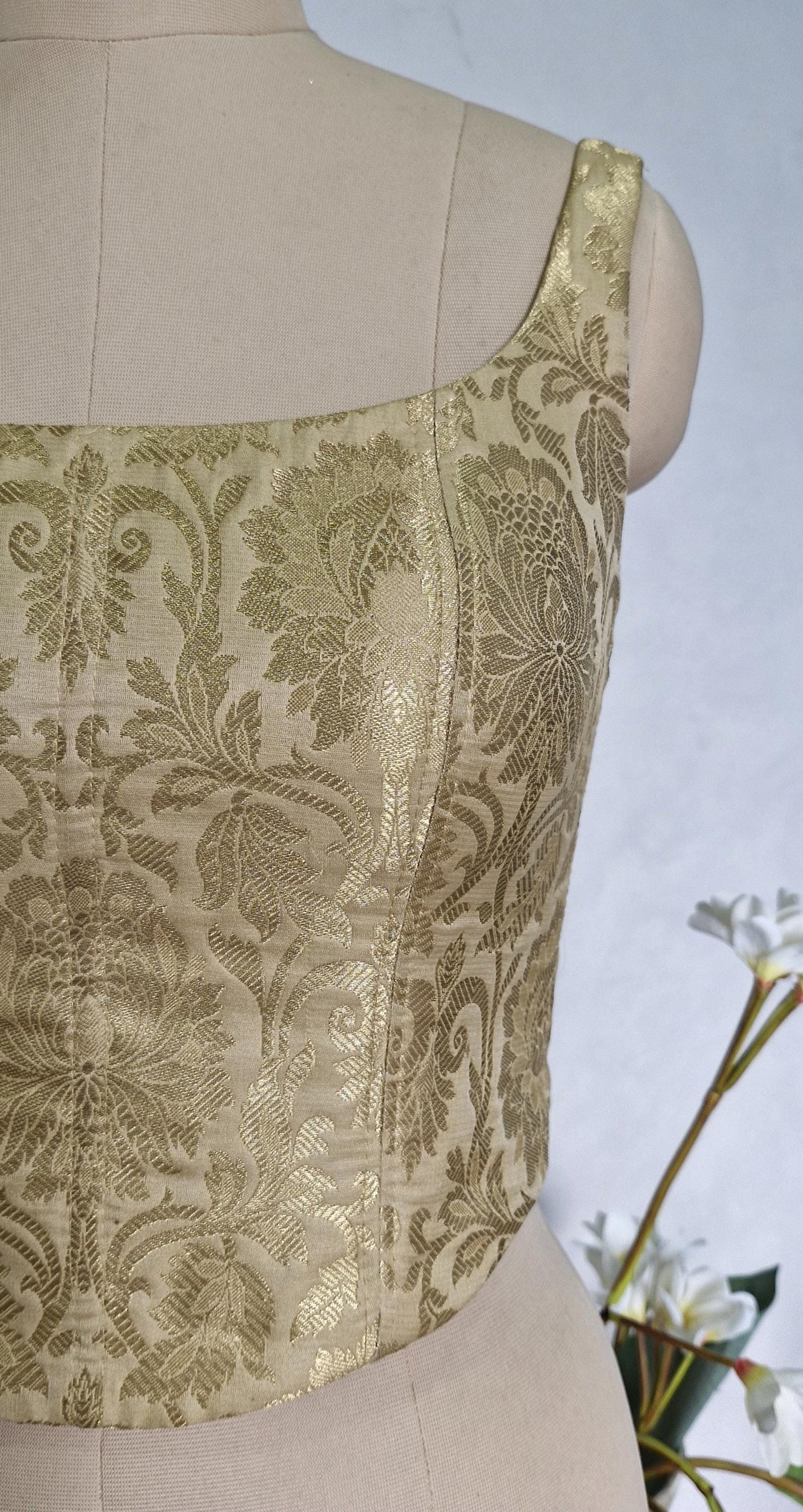 Beige Gold Brocade Silk Corset Blouse DVCB_001