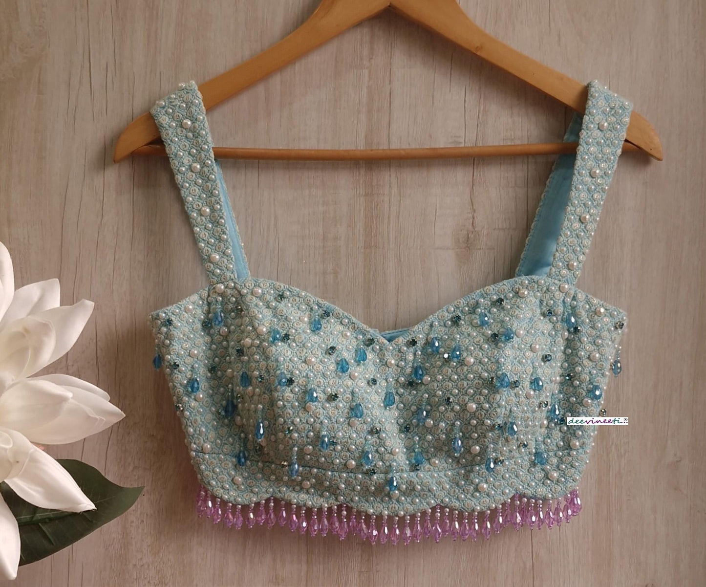 Blue Embroidered Sweetheart Neck Blouse DVBL_372