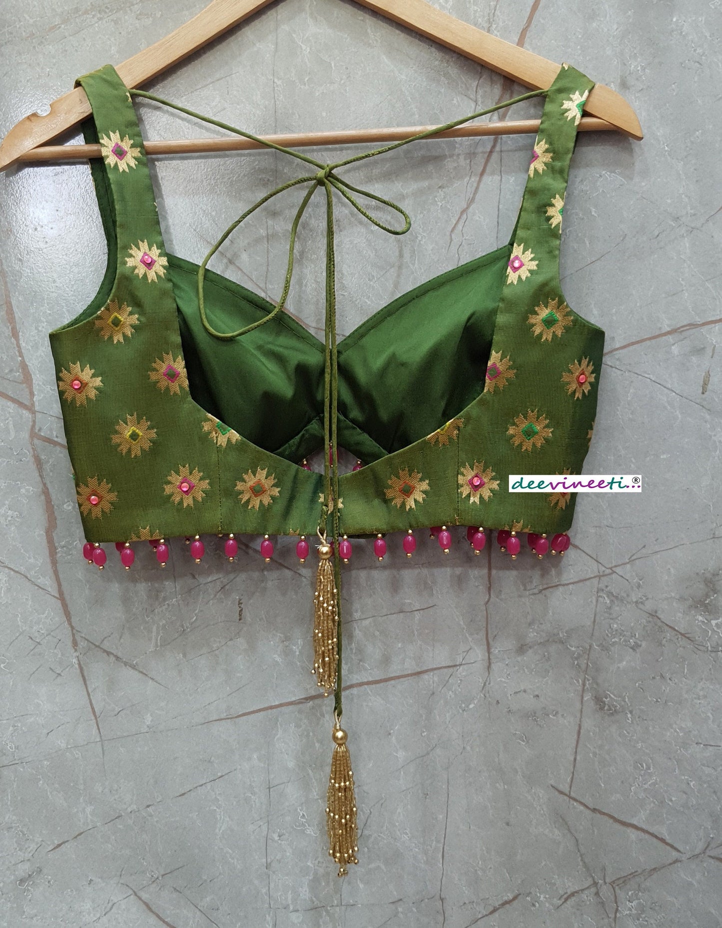 Green Brocade Silk Deep Sweetheart Neck Blouse DVBL_260
