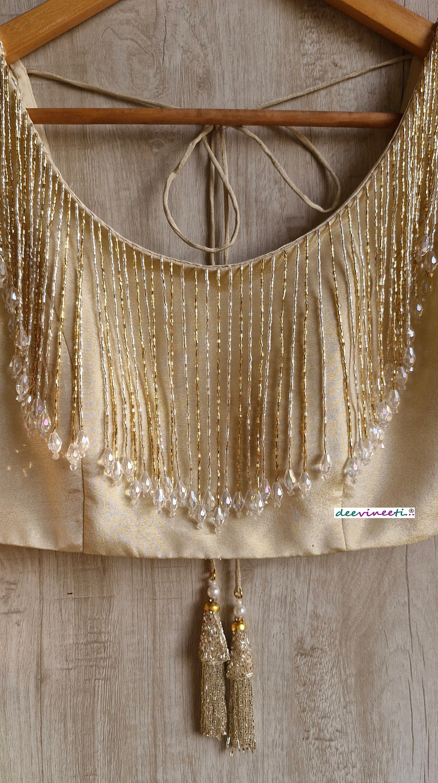 Light Gold Tissue Silk Round Neck with Fringes Blouse DVBL_353.