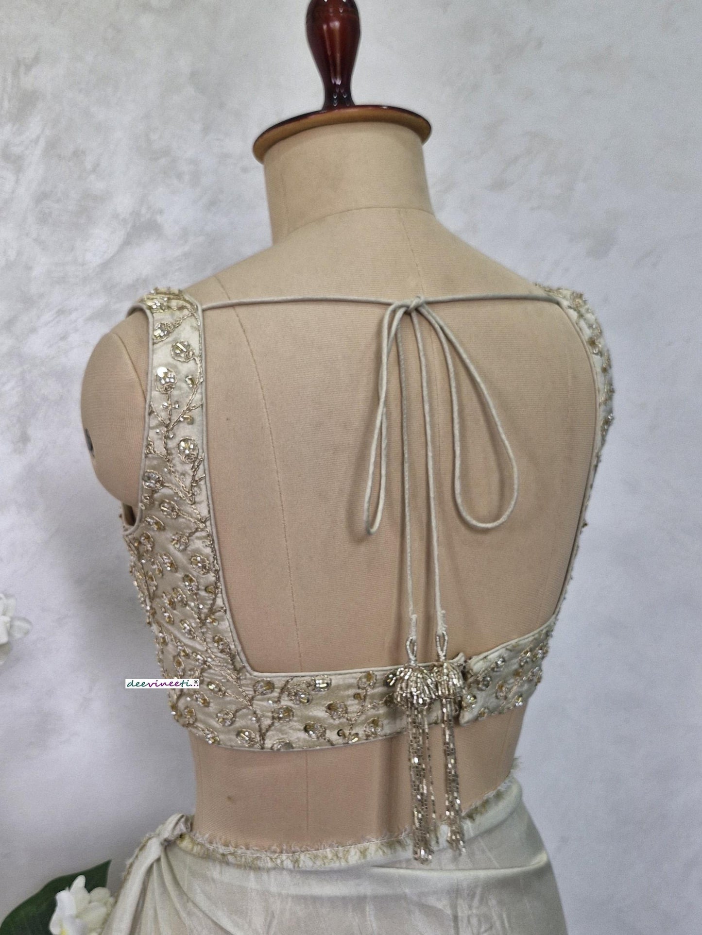 Cream Embroidered Tissue Silk Sweetheart Neck Blouse DVBL_404