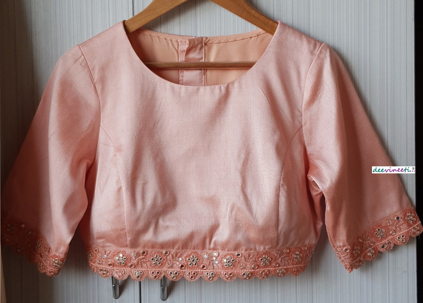 Peach Cotton Silk Jewel Neck Blouse DVBL_174