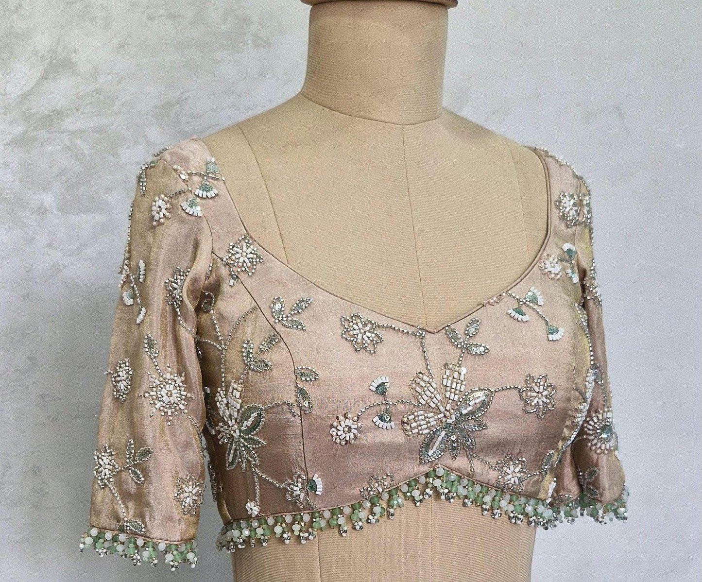 Beads Embroidered Tissue Silk Rose Gold Blouse DVBL_409