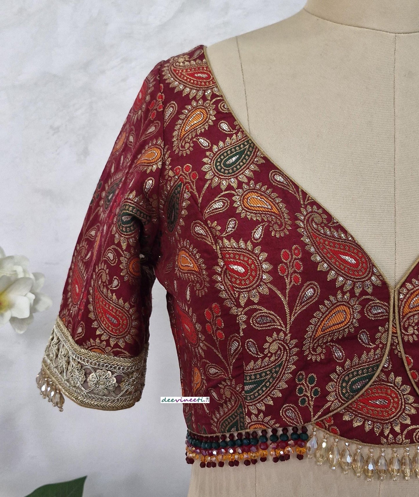Maroon Brocade Deep Sweetheart Neck Half Sleeves Blouse DVBL_403