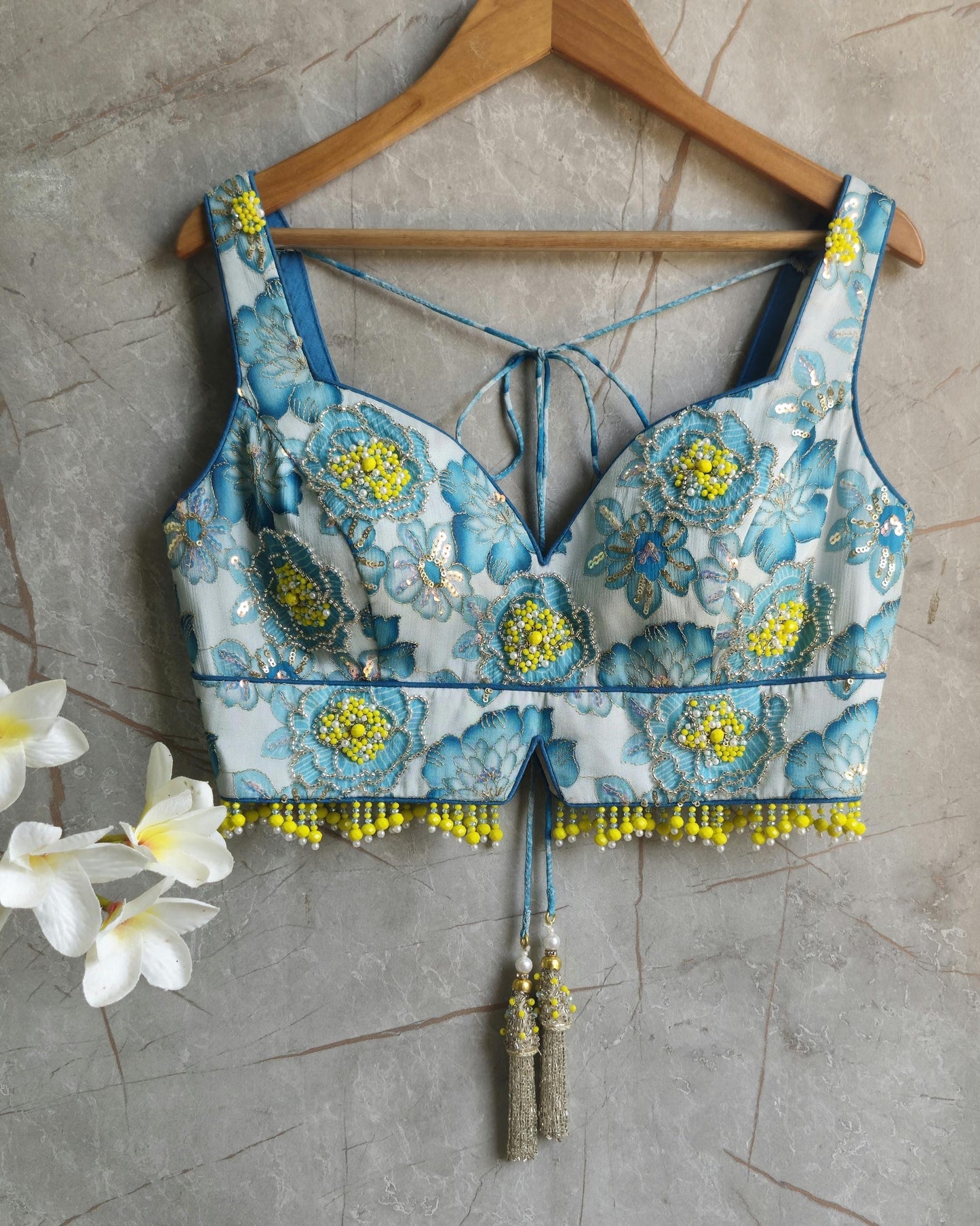 Beads Embroidered Blue Deep Sweetheart Neck Blouse DVBL_415