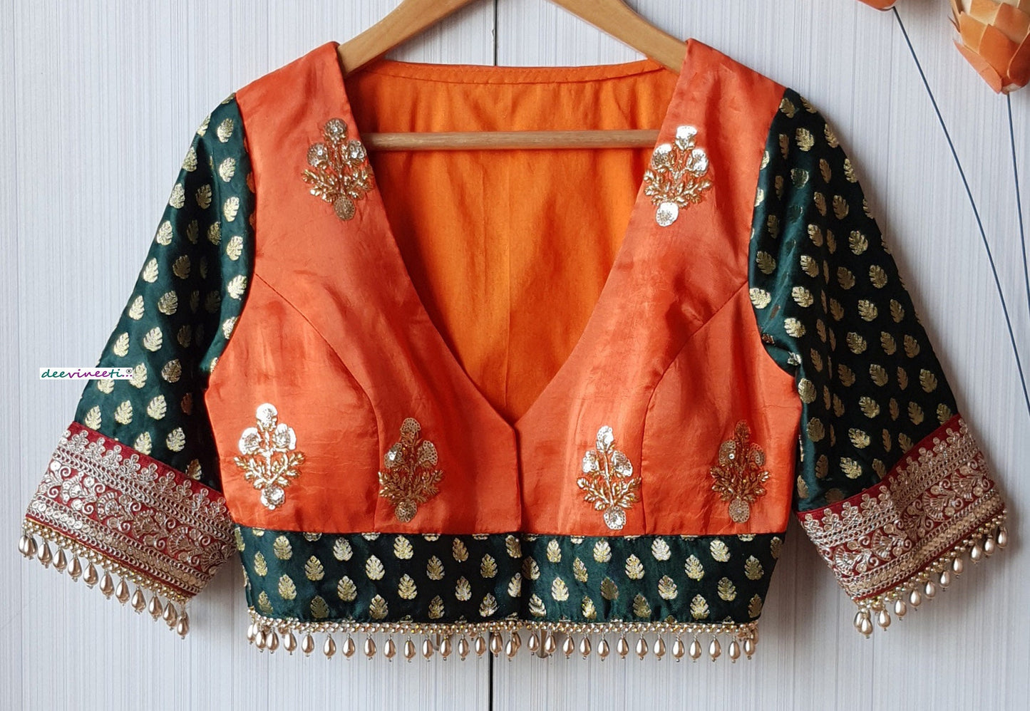 Orange and Green Silk Embroidered Deep V Neck Blouse DVBL_218