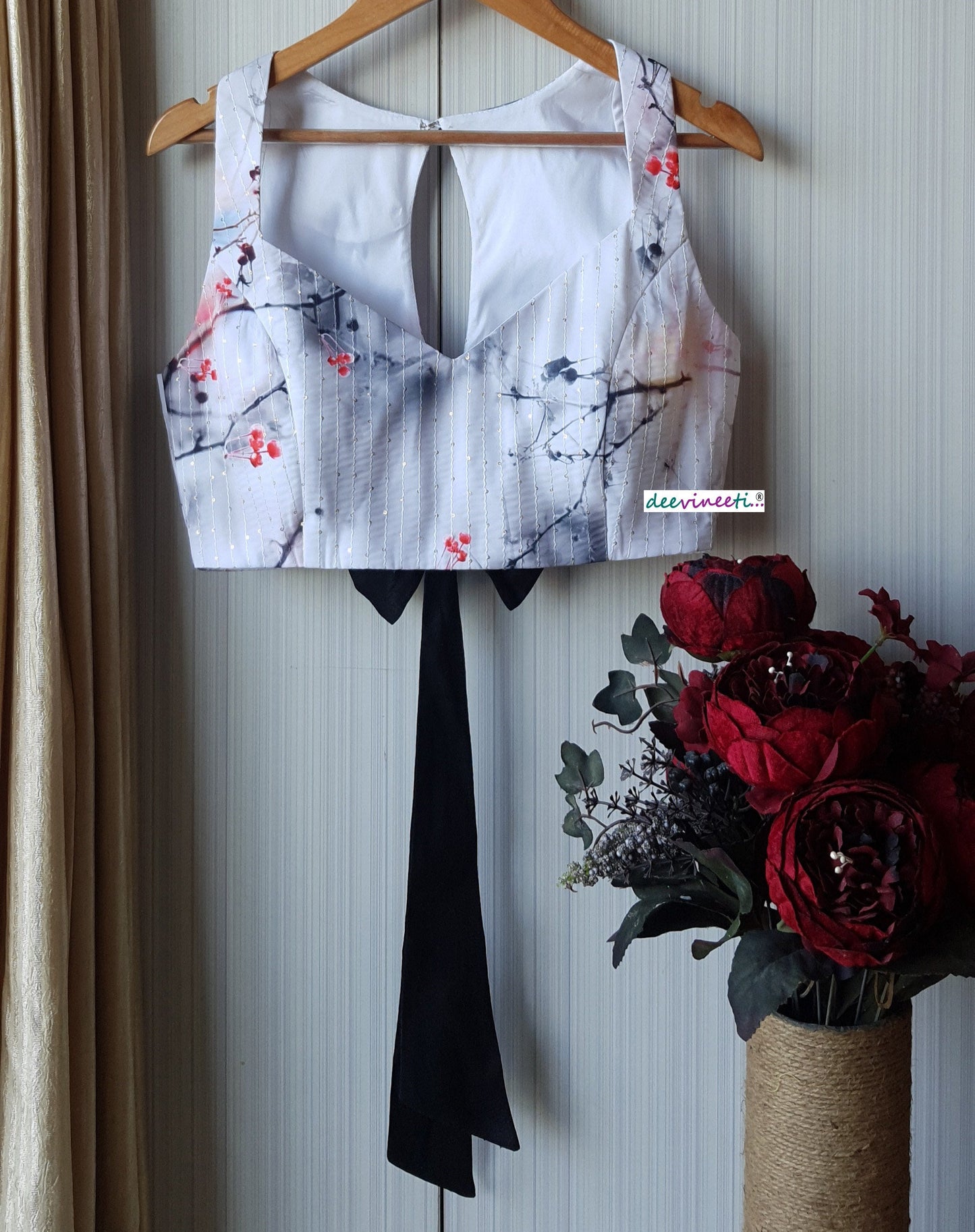 Printed Embroidered White Crepe Halter Blouse DVBL_173