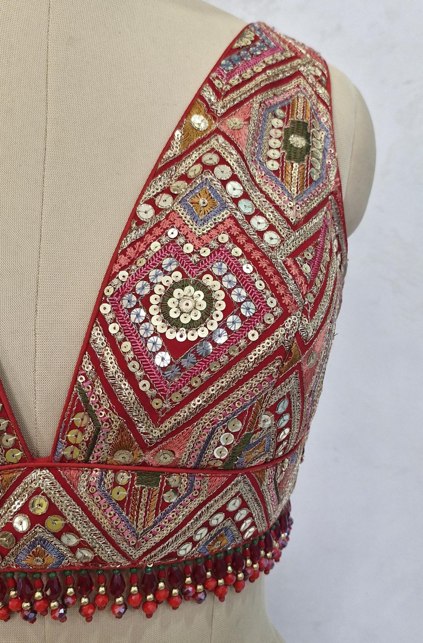 Red Embroidered Plunge Neckline DVBL_413