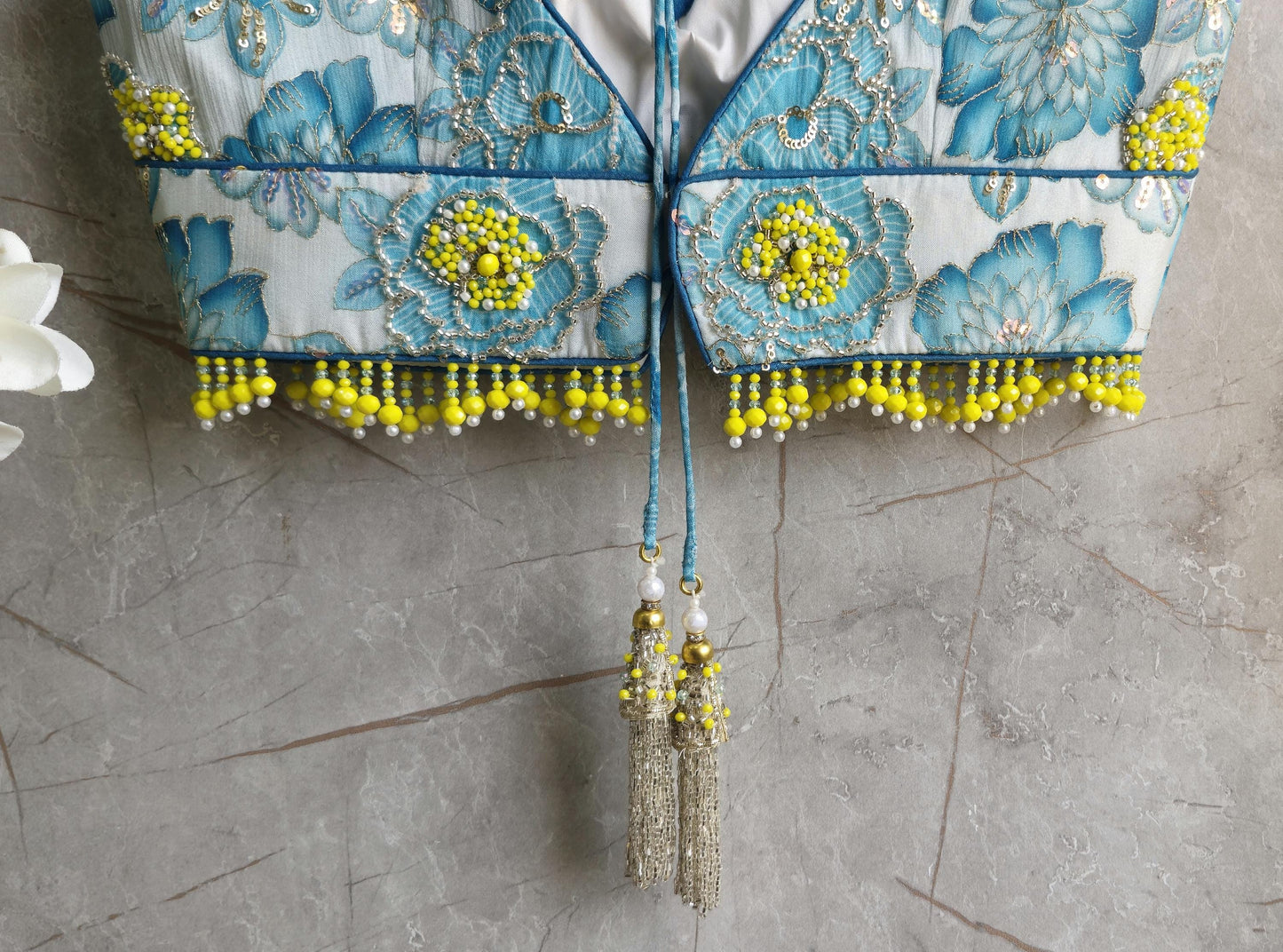 Beads Embroidered Blue Deep Sweetheart Neck Blouse DVBL_415