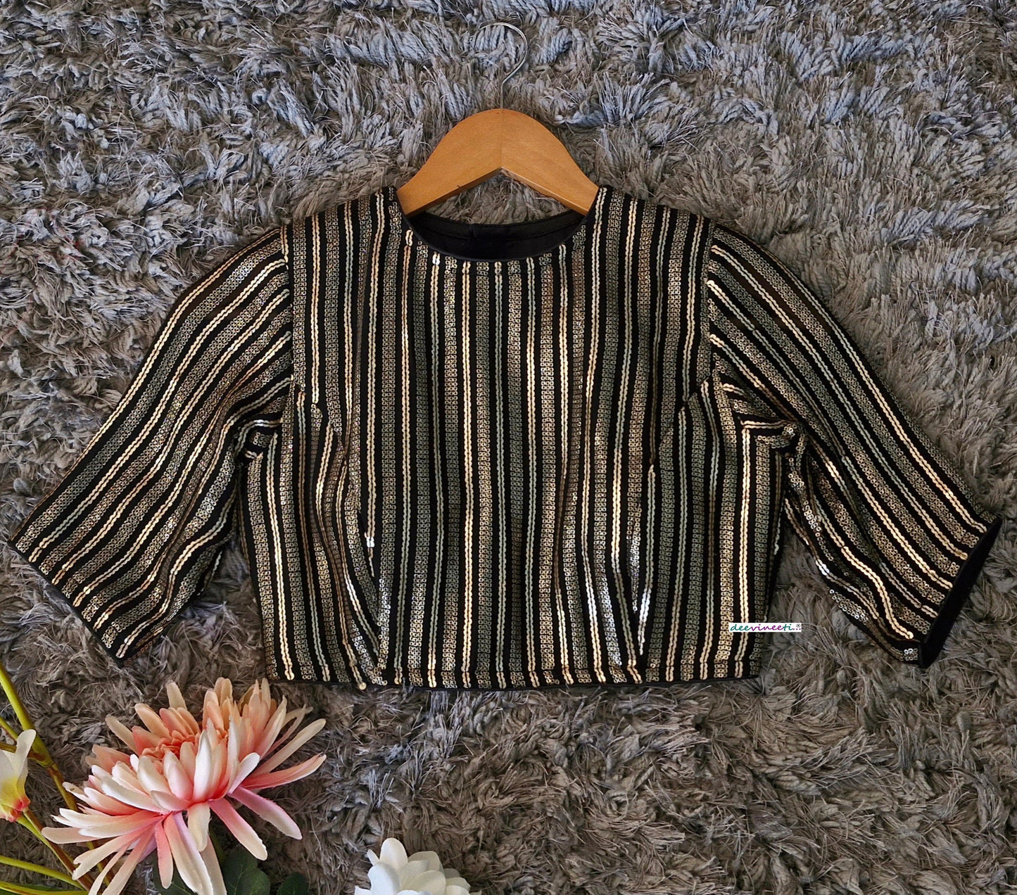 Black and Gold Sequins Embroidered Jewel Neck Blouse DVBL_350