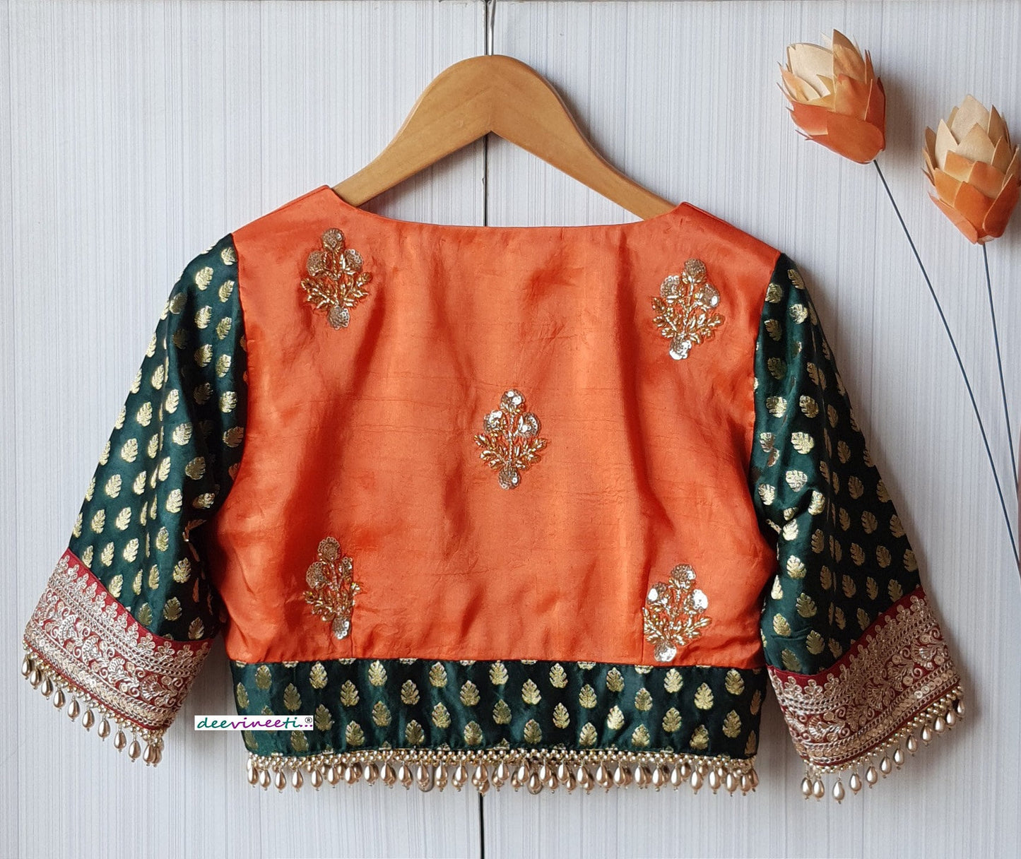 Orange and Green Silk Embroidered Deep V Neck Blouse DVBL_218
