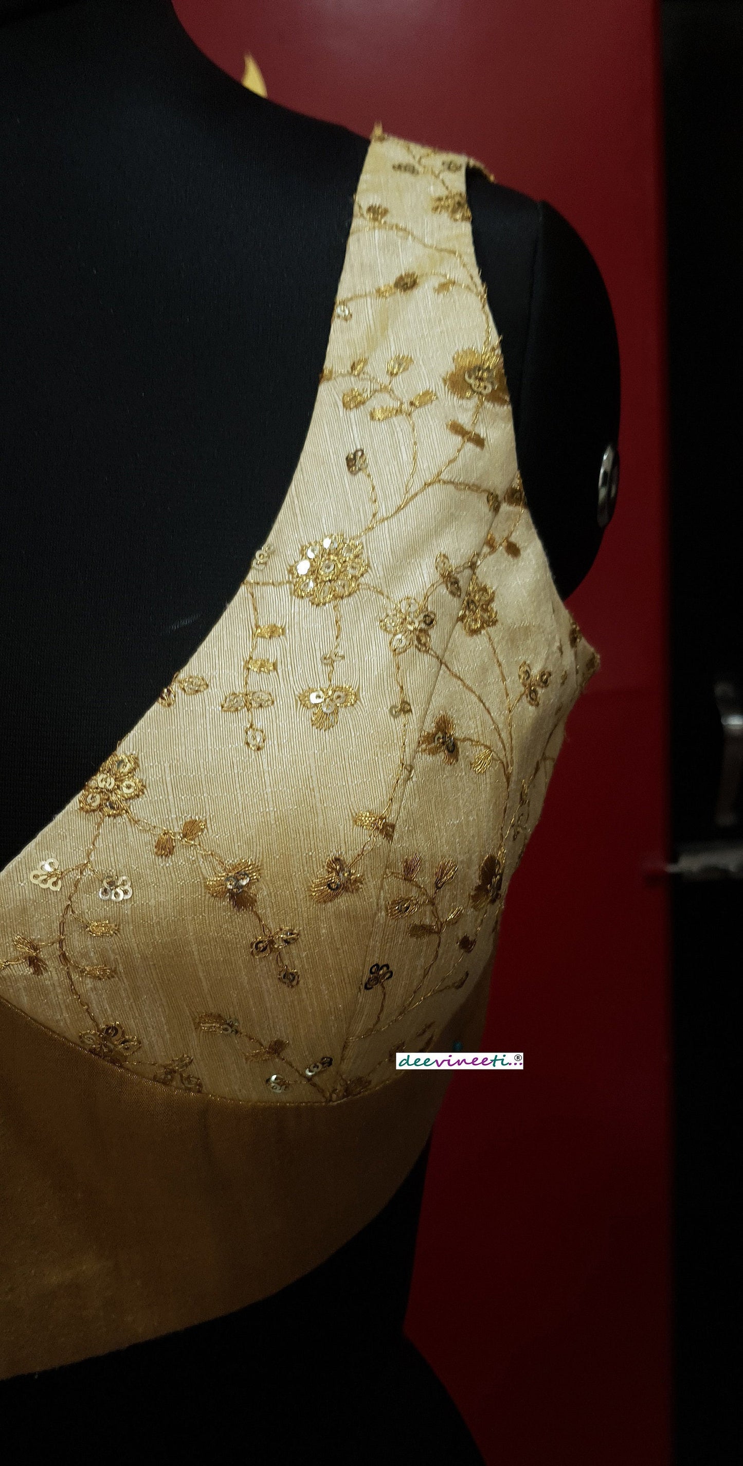 Cream Gold Embroidered Deep V Neck Blouse DVBL_253
