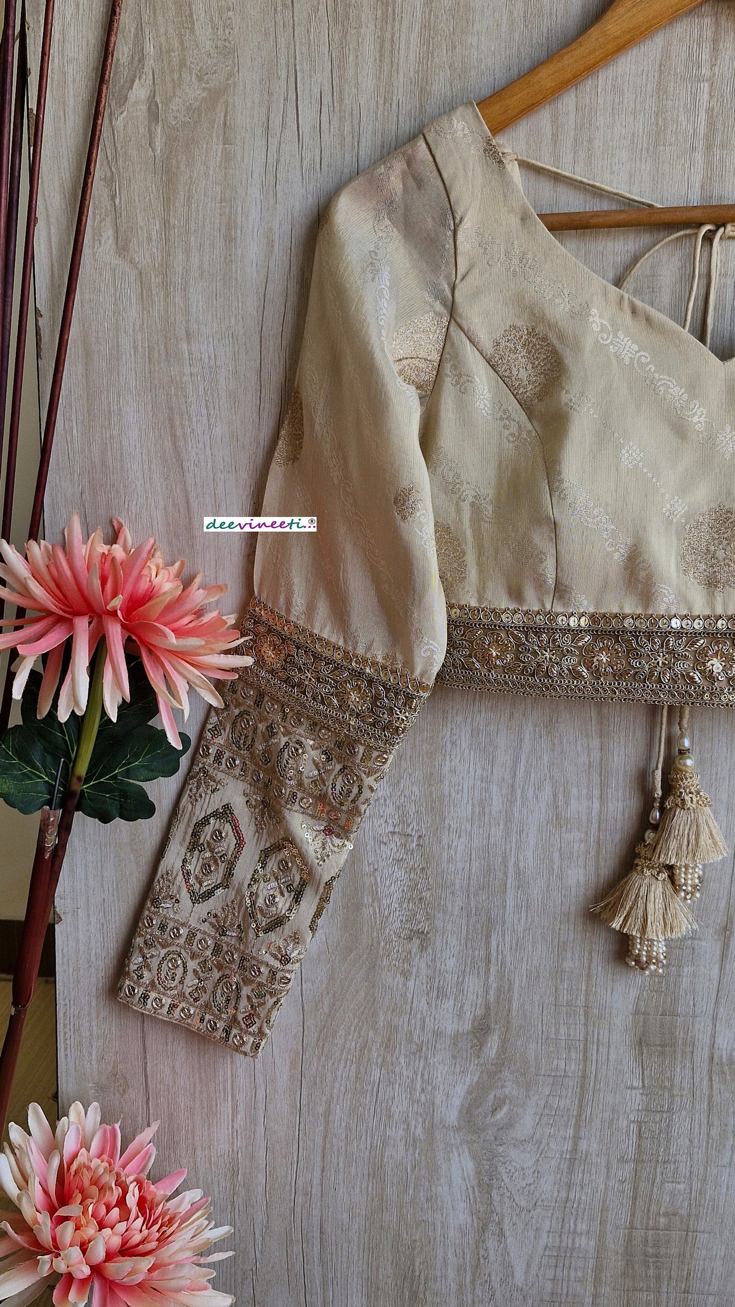 Light Beige Tissue Brocade Long Sleeves Blouse DVBL_323