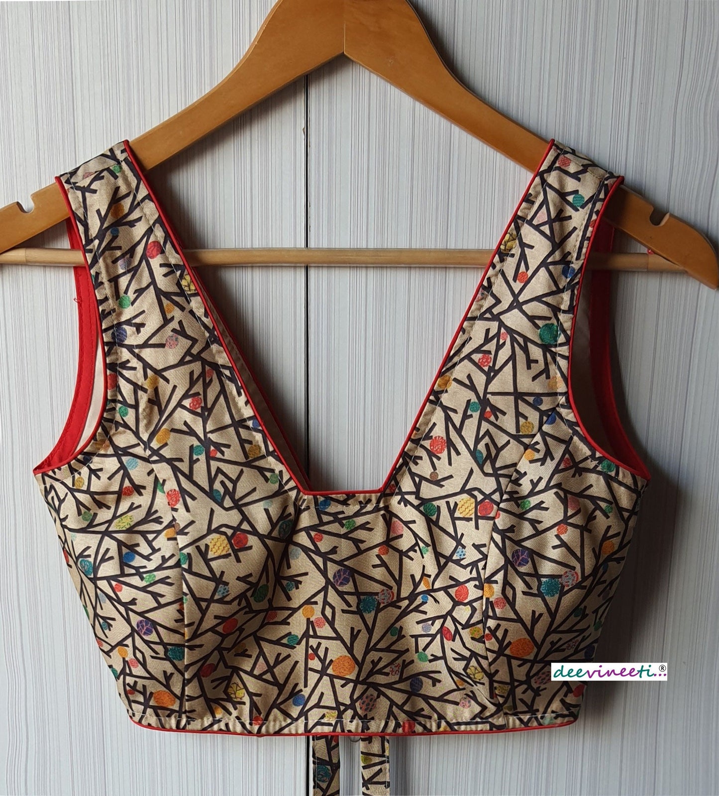 Beige Printed Khadi Silk Blouse Trapeze Neck Blouse DVBL_069
