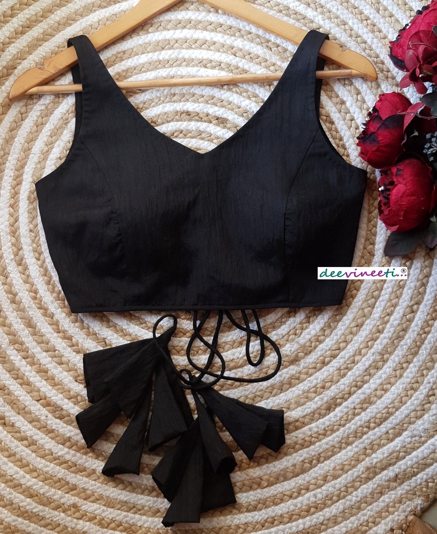 Raw Silk V Neck Open Back Solid Blouse DVBL_118