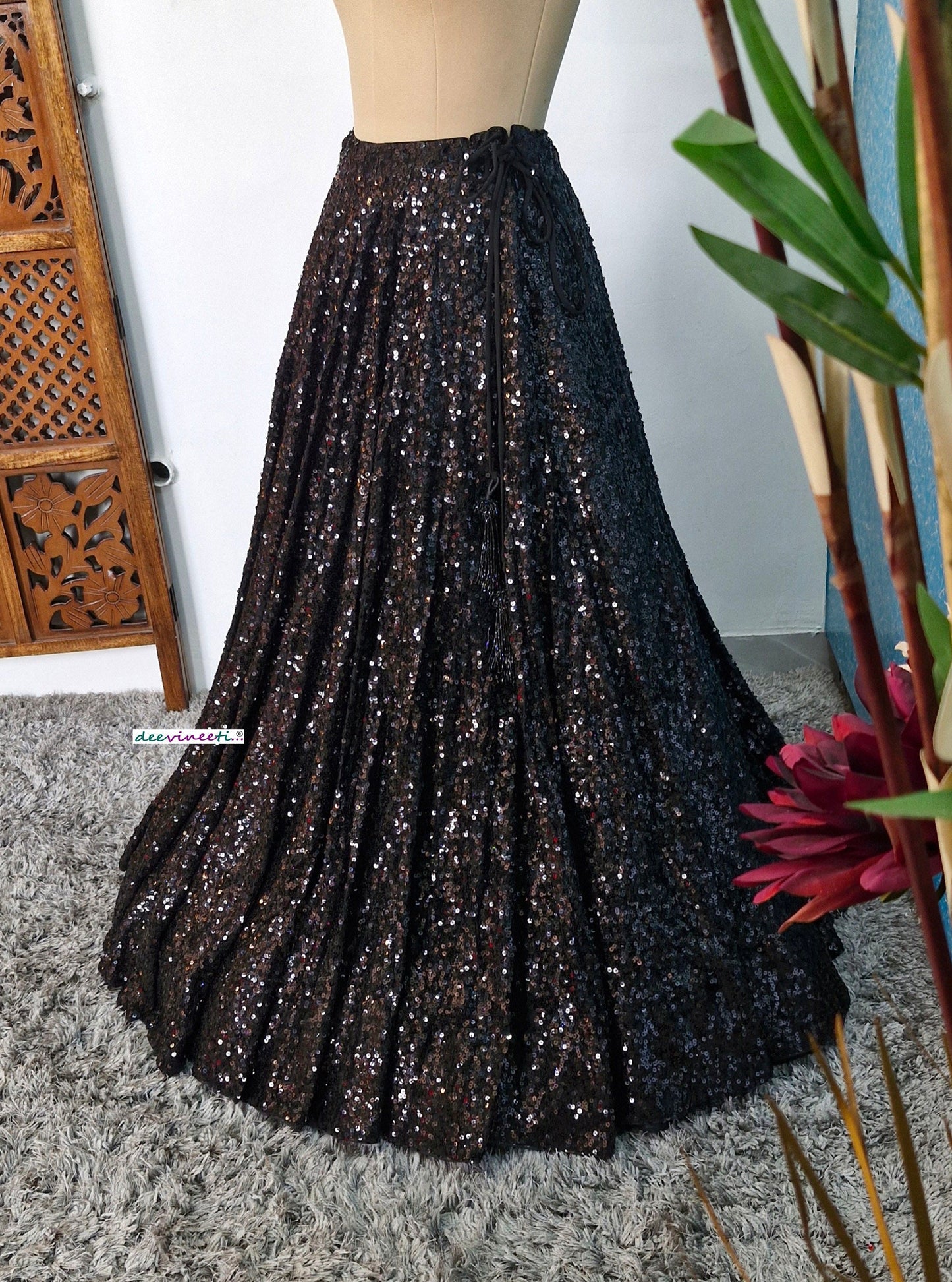 Black Sequins Lehenga Skirt DVLS_040