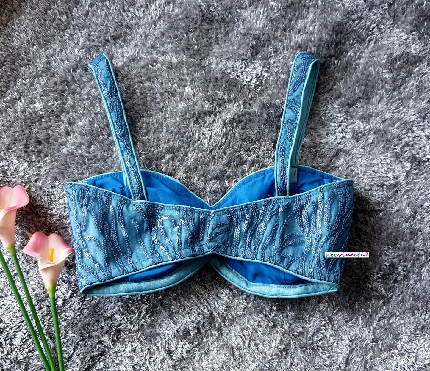 Blue Embroidered Sweetheart Neck Spaghetti Blouse DVBL_285