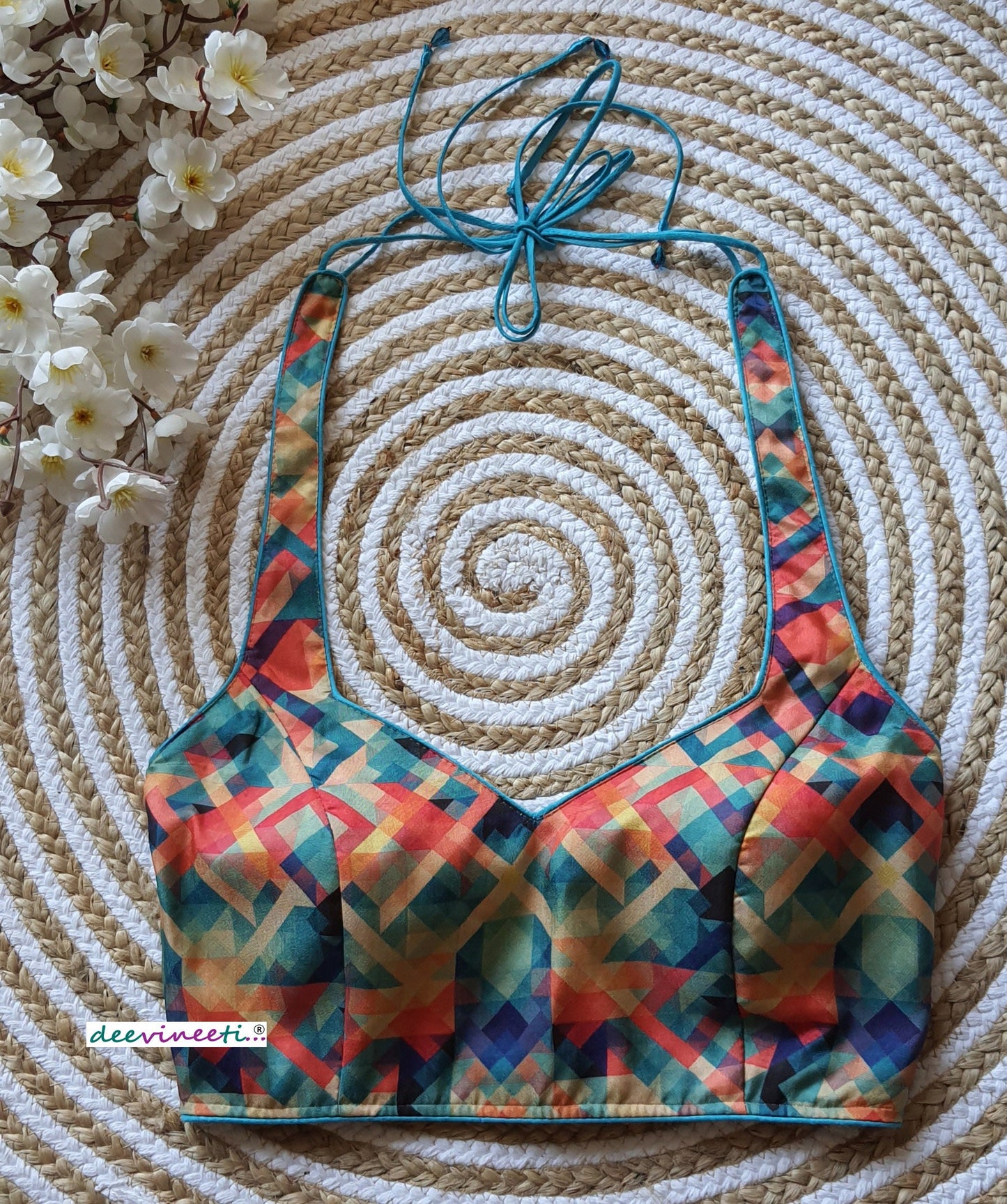 Multicolor Printed Khadi Silk Halter Neck Blouse DVBL_074