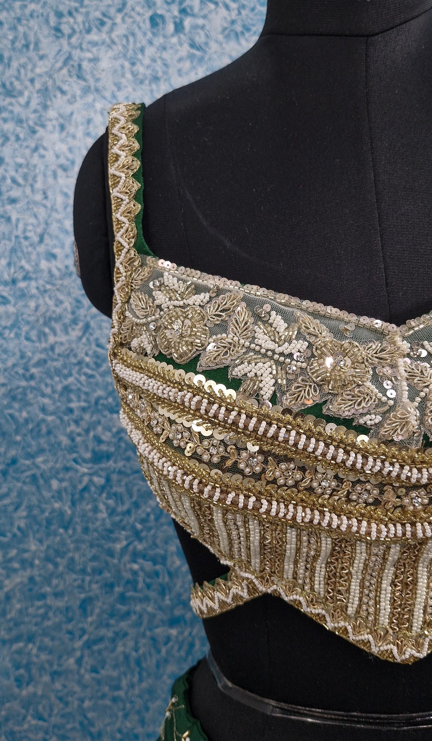 Hand Embroidered Green Raw Silk Backless Blouse DVBL_433