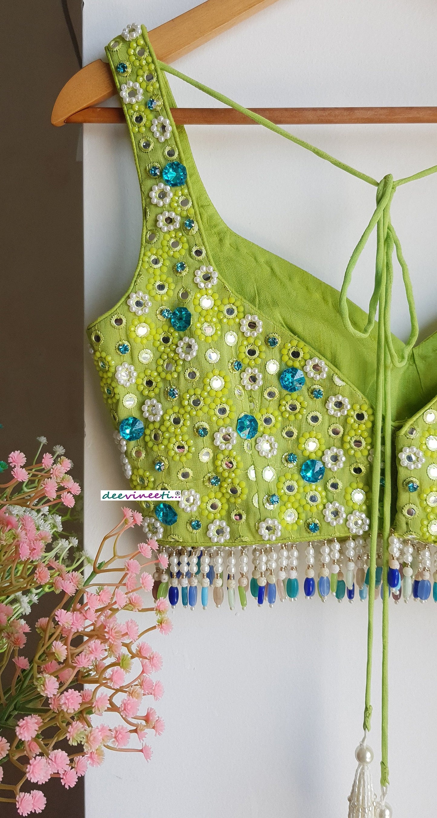 Hand Embroidered Lime Green Deep Sweetheart Neck Blouse DVBL_287