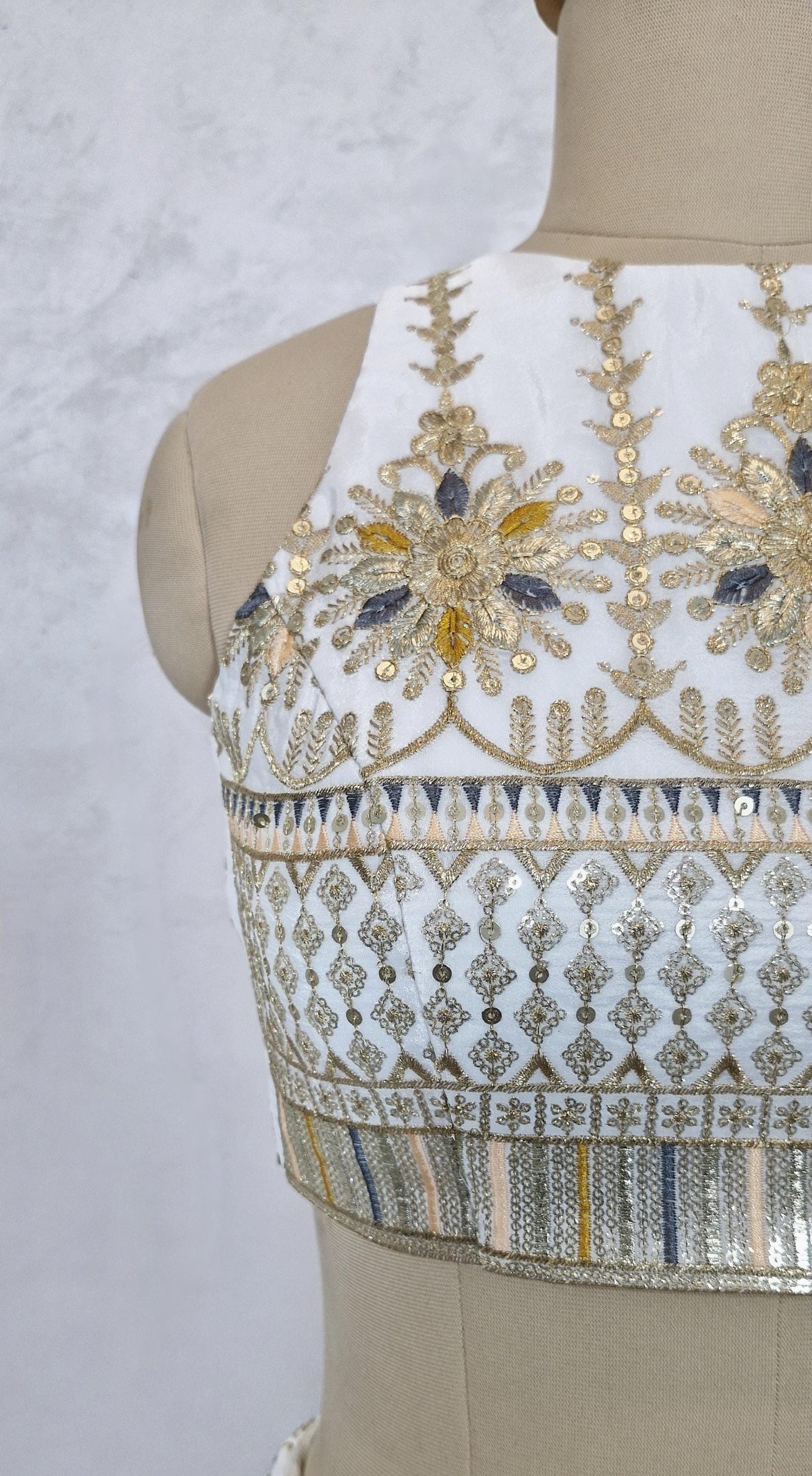 Ivory Embroidered Crepe Silk Halter Neck Blouse DVBL_445