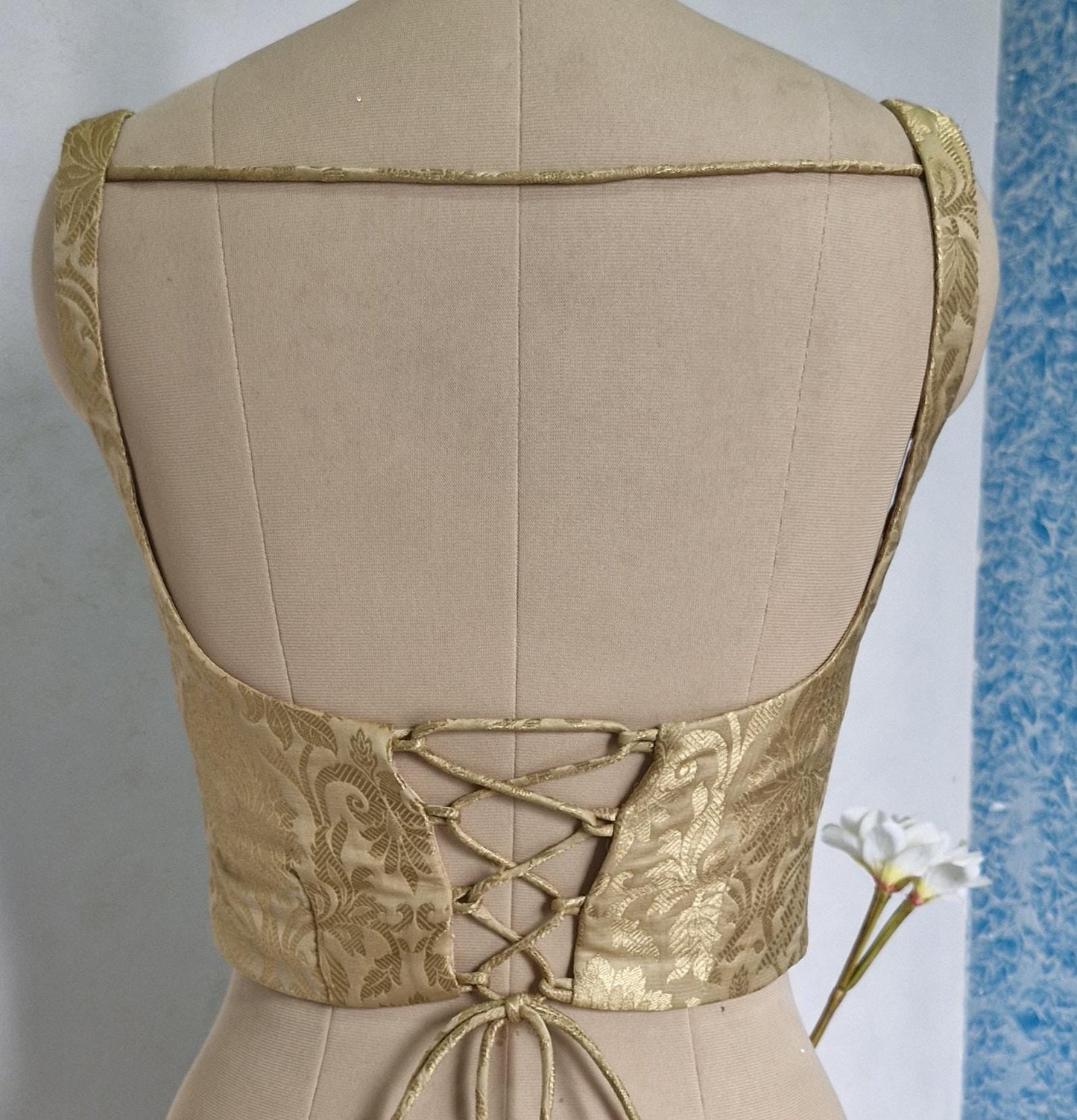 Beige Gold Brocade Silk Corset Blouse DVCB_001