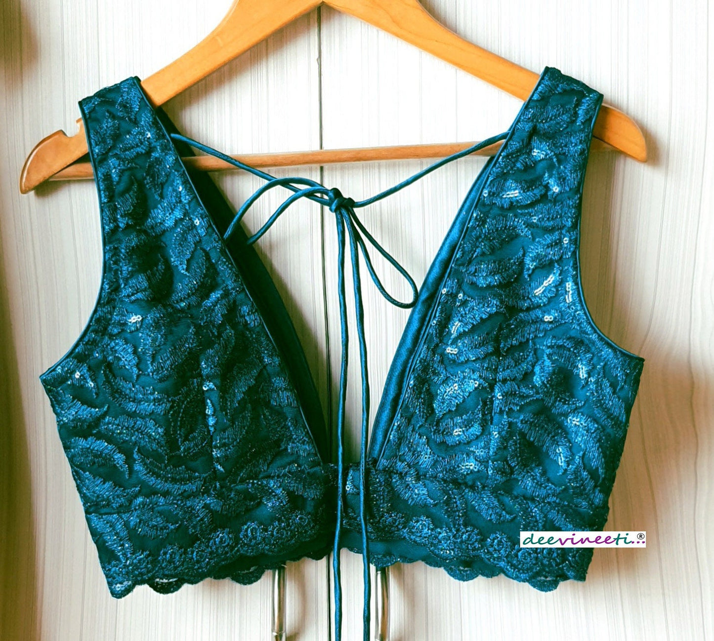 Teal Green Embroidered Plunge Neckline Blouse DVBL_061