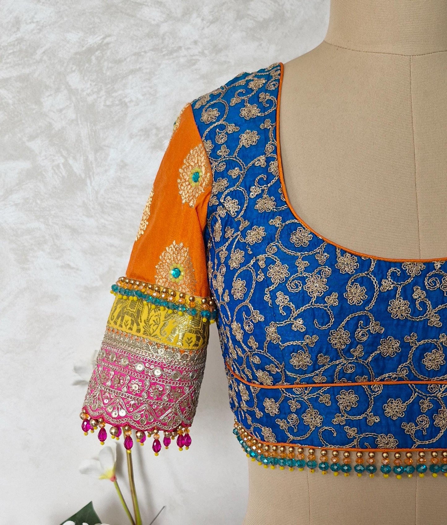 Blue and Orange Embroidered Silk Blouse DVBL_456
